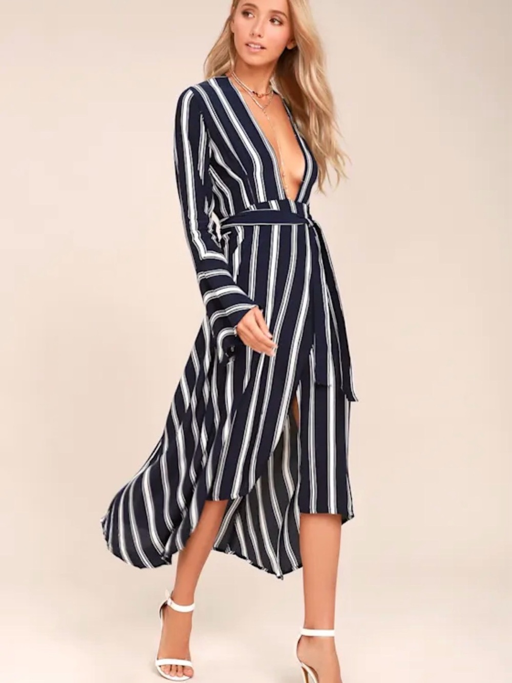 Faithfull The Brand Carioca Navy Striped Wrap Dress S 6 Coastal Nautical Preppy